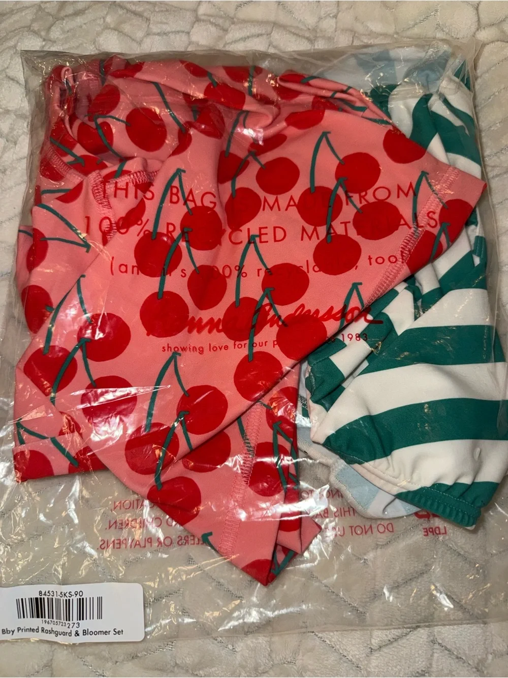 Hanna Andersson Rashguard & Skirted Bikini Set in Cherry & Stripes, size 3T, NWT